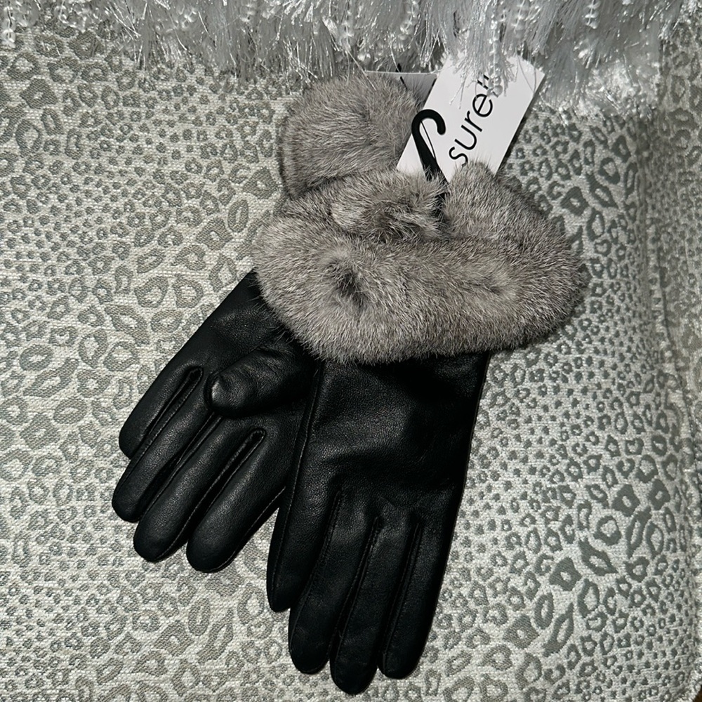 Surell genuine leather with rabbit fur trim gloves size medium - Picture 1 of 6